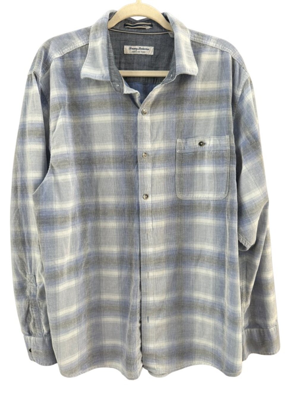 Tommy Bahama Coastline Cord Blue Plaid Shirt Men's XL 100% Cotton Soft Button Fr